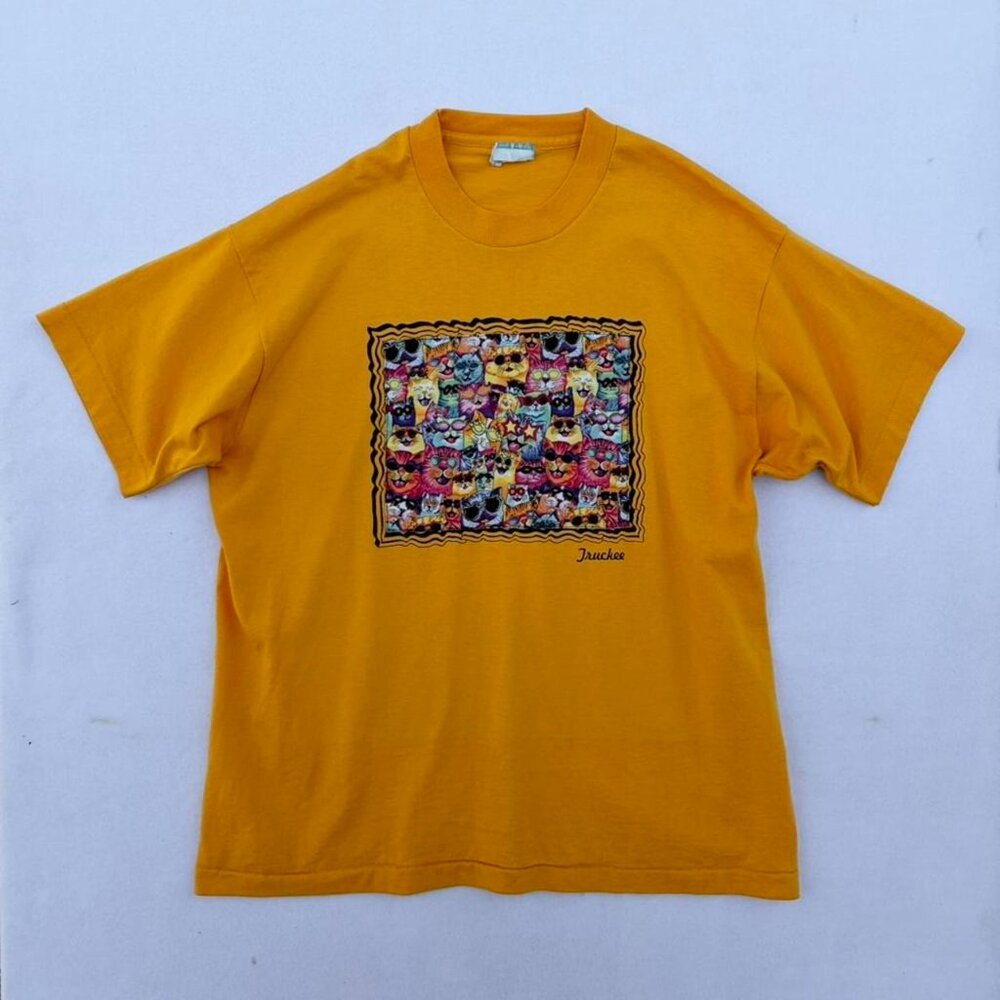 Vintage Yellow Cat Truckee Graphic Crew Neck Tee T-Shirt Size L Grannycore 90s